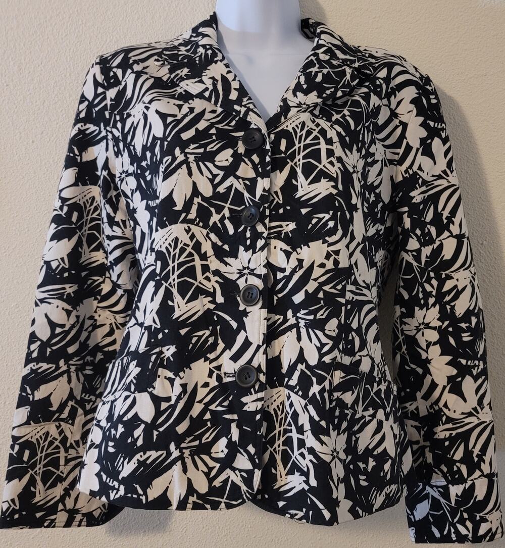 Laura Scott Black White Floral Print Women's Blazer 10 Long Sleeves Lined